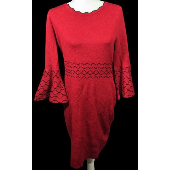 Nina Leonard Dresses & Skirts - Nina Leonard Black And Red Jacquard Bell Sleeve Sweater Dress